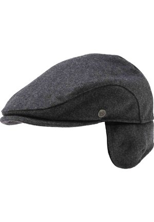 Dark gray flat cap with ear flaps made of wool fabric and a small round metal brand emblem on the side.