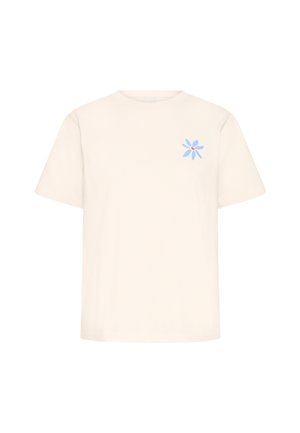 Bombažna majica krem barve s kratkimi rokavi, z modrim cvetličnim motivom z rdečim središčem na levi strani prsnega koša.