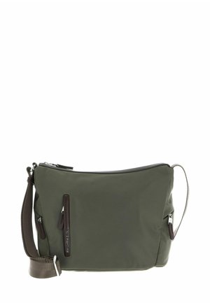 Sac bandoulière en nylon vert foncé, avec une fermeture éclair, deux poches zippées à l'avant et une bandoulière amovible marron. Durable et léger.