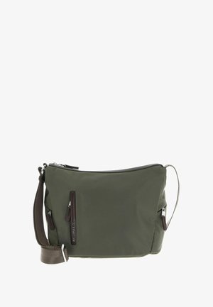 Borsa a tracolla realizzata in nylon verde scuro, dotata di chiusura con zip, due tasche anteriori con zip e una tracolla marrone removibile. Resistente e leggera.