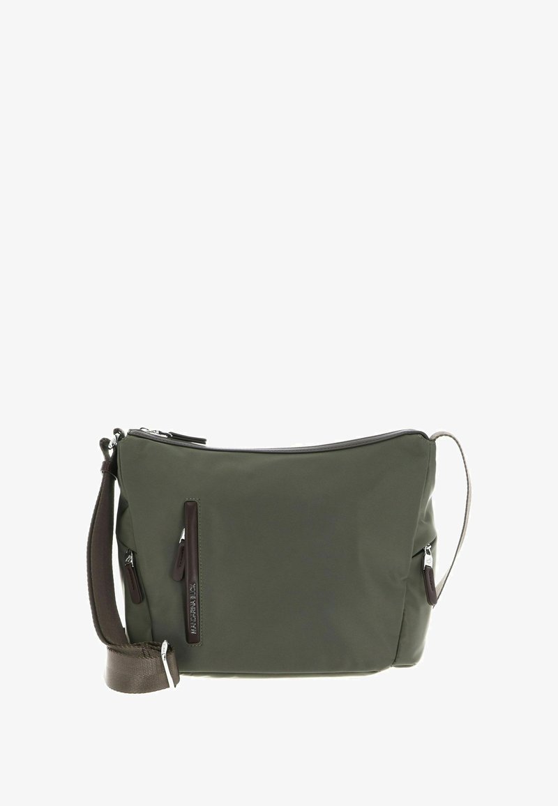 Borsa a tracolla realizzata in nylon verde scuro, dotata di chiusura con zip, due tasche anteriori con zip e una tracolla marrone removibile. Resistente e leggera.