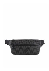 Marsupio nero con un motivo triangolare in rilievo, dotato di una tasca con zip e cinturino regolabile. Realizzato in materiale durevole.