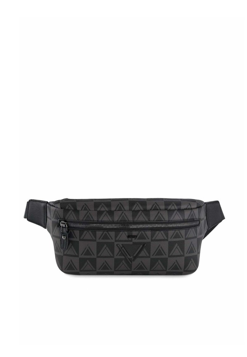 Marsupio nero con un motivo triangolare in rilievo, dotato di una tasca con zip e cinturino regolabile. Realizzato in materiale durevole.