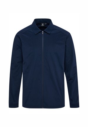 Marineblauwe lange mouwen jas met een volledige voorrits en een klassieke kraag, eenvoudig ontwerp zonder zichtbare zakken of logo's.