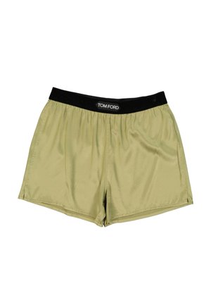 Boxer en satin vert olive clair avec une ceinture élastique noire affichant la marque blanche « Tom Ford » au centre devant.