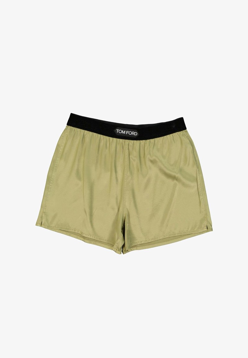 Boxer en satin vert olive clair avec une ceinture élastique noire affichant la marque blanche « Tom Ford » au centre devant.