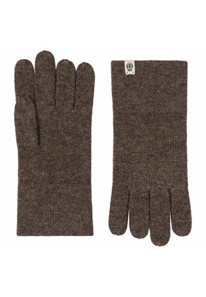 Brown knitted wool gloves with five fingers, one glove showing palm side, the other showing back with a small white brand label.