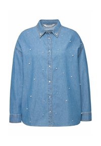 Camicia in denim blu chiaro con colletto, chiusura frontale con bottoni e piccole perline bianche sparse sul tessuto. Include maniche lunghe.