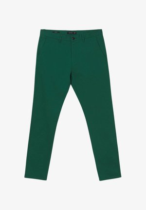 Grüne, schmal geschnittene Hose aus Stretchmaterial. Verfügt über einen Knopfverschluss, Gürtelschlaufen und Seitentaschen. Glatte, matte Textur.