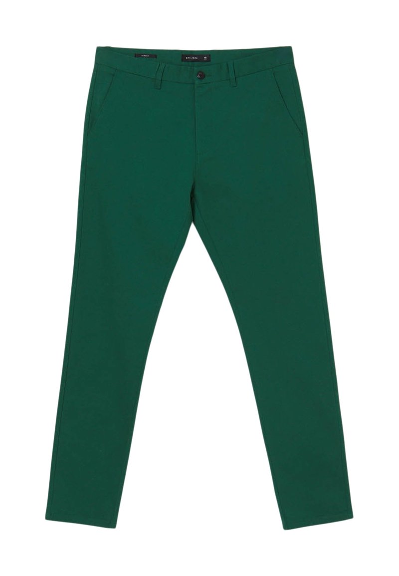 Grüne, schmal geschnittene Hose aus Stretchmaterial. Verfügt über einen Knopfverschluss, Gürtelschlaufen und Seitentaschen. Glatte, matte Textur.