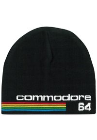 Knit black beanie featuring "commodore" in white embroidery and a colorful striped accent in red, yellow, and blue at the bottom.