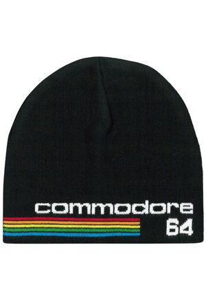 Knit black beanie featuring "commodore" in white embroidery and a colorful striped accent in red, yellow, and blue at the bottom.