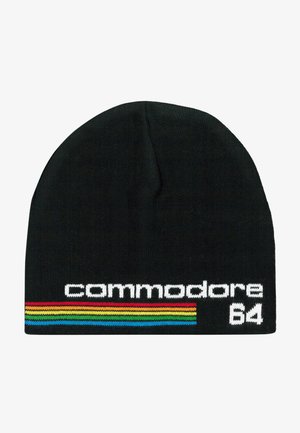 Black knit beanie featuring "commodore" in white embroidery and a multicolored stripe pattern in red, yellow, and blue on the hem.