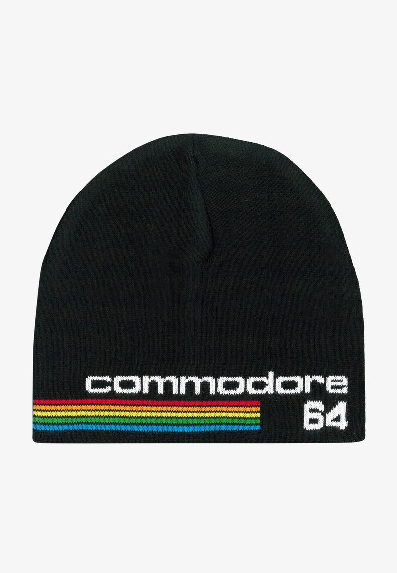 Black knit beanie featuring "commodore" in white embroidery and a multicolored stripe pattern in red, yellow, and blue on the hem.
