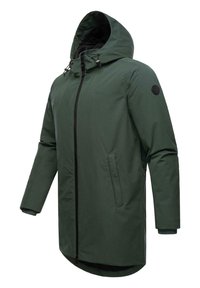 Žalias neperšlampamas parka su капu, turintis pilno ilgio užtrauktuką, šonines kišenes ir elastinius rankogalius, suteikiančius papildomą šilumą ir komfortą.