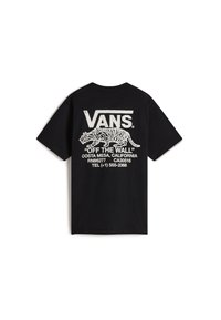 Camiseta de algodón negra con un gráfico blanco de un tigre y el logo de Vans en la parte posterior. Mangas cortas, cuello redondo y ajuste relajado.