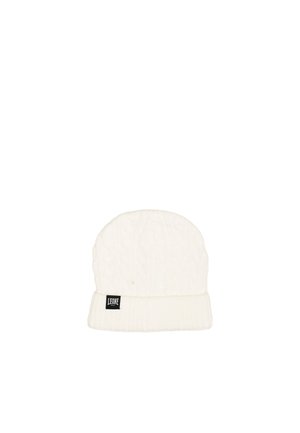 Bonnet blanc en maille avec un revers côtelé et un petit logo Leone noir, sur fond blanc.