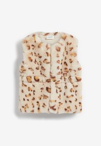 Faux fur-väst i krämfärg med bruna leopardfläckar, med rundad halsringning och framknäppning. Mjukt, texturerat tyg med sid sömmar.