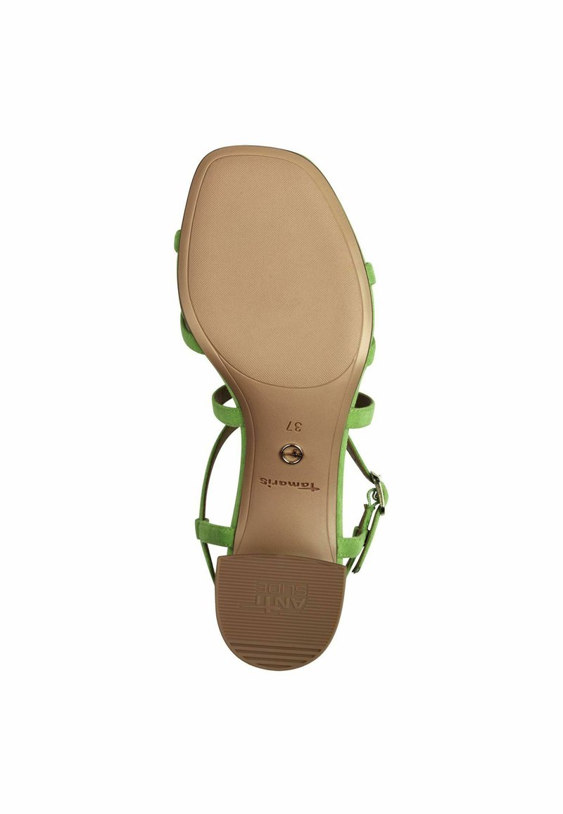 Grüne Wildleder-Heelsandale mit dünnen Riemen, verstellbarem Schnallenverschluss und einer strukturierten beigen Gummisohle mit "Anti-Rutsch"-Prägung. Größe 37.