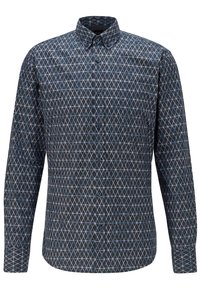 Langarmshirt van donkerblauwe stof met een ruitpatroon in wit en lichtblauw, met een gewone kraag en knoopsluiting aan de voorkant.