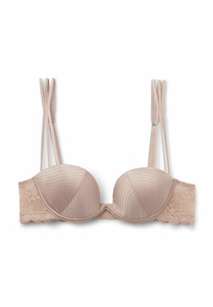 Beżowy usztywniany biustonosz z podwójnymi cienkimi regulowanymi ramiączkami i koronkowymi detalami na bocznych skrzydełkach, z delikatną teksturą pionowych pasków.