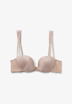 Beżowy usztywniany biustonosz z podwójnymi cienkimi regulowanymi ramiączkami i koronkowymi detalami na bocznych skrzydełkach, z delikatną teksturą pionowych pasków.
