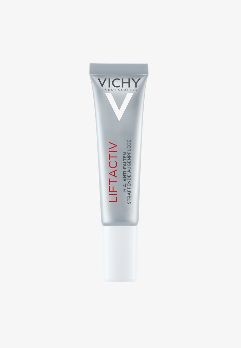 Silberne Tube mit einem weißen Deckel; beschriftet mit "VICHY LIFTACTIV," in fettem roten Text; glatte Textur.