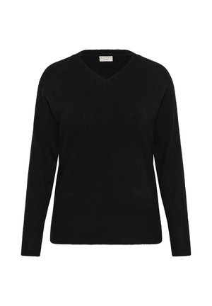 Suéter negro de manga larga con escote en V y dobladillos acanalados. Fabricado con un tejido suave y texturizado, ofrece un ajuste relajado. Sin patrones ni herrajes visibles.