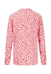 Long-sleeve shirt in pink fabric features a red abstract zigzag pattern, notched collar, and buttoned cuffs for adjustable fit.