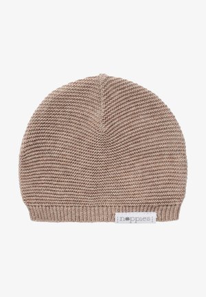 Béret en tricot de couleur marron clair avec un motif texturé. Comprend un ourlet côtelé et une étiquette en tissu affichant le nom de la marque.