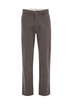 Savi pelēki bikses ar taisnu piegriezumu, izgatavotas no teksturēta auduma. Aprīkotas ar pogu aizdari, jostu cilpiņām un standarta sānu kabatām.