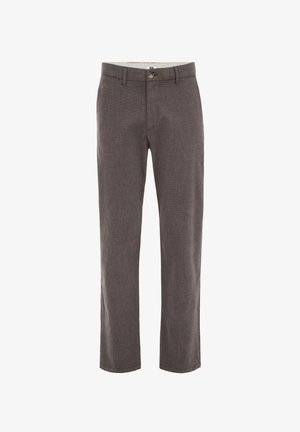 Harmaat suorat housut, jotka on valmistettu teksturoidusta kankaasta. Ominaisuuksiin kuuluu nappikiinnitys, vyölenkit ja tavalliset sivutaskut.