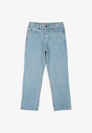 Világoskék farmernadrág egyenes fazonnal, látható varratokkal, öt zsebbel és gombos záródással a deréknál.