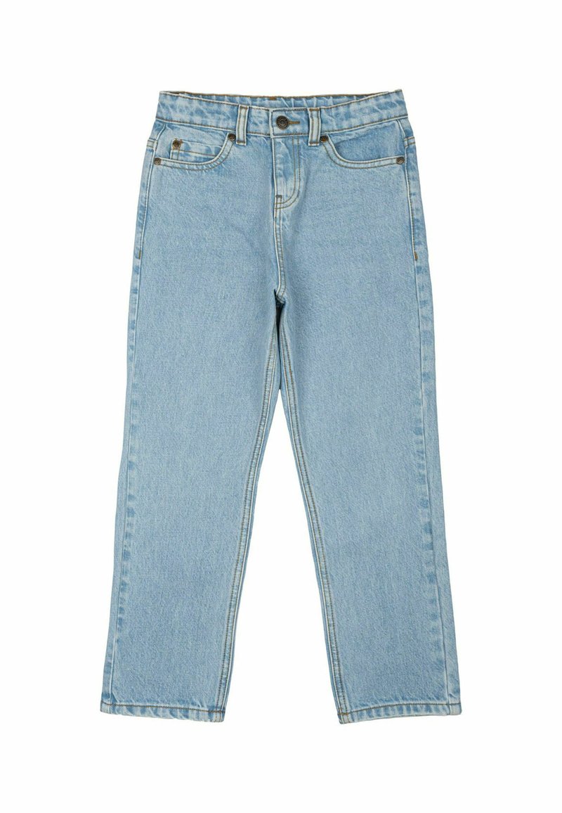 Svetlo modri kavbojki z ravnim krojem, vidnimi šivi, petimi žepi in gumbom za zapiranje v pasu.