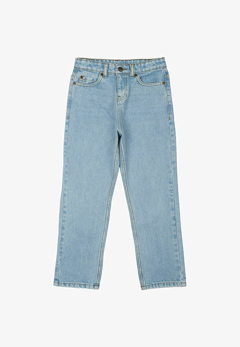 Svetlo modri kavbojki z ravnim krojem, vidnimi šivi, petimi žepi in gumbom za zapiranje v pasu.