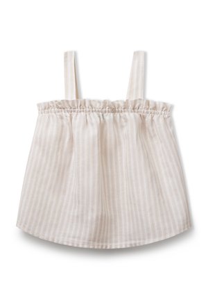 Hemdchen ohne Träger in Beige mit hellen vertikalen Streifen. Verfügt über gerafftes elastisches Material am Ausschnitt und an den Trägern. Weicher, leichter Stoff.