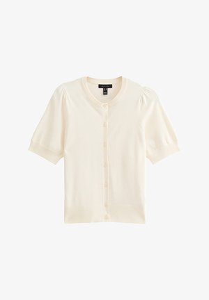 Cárdigan de manga corta color crema con cuello redondo, cierre de botones en la parte delantera y mangas ligeramente abullonadas. Tejido suave con una textura lisa.