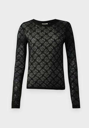Czarny sweter z koronką, z długimi rękawami i okrągłym dekoltem, zdobiony kwiatowym wzorem o teksturowanym wykończeniu.