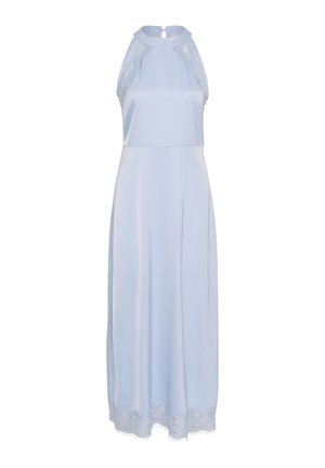 Gaiši zilas krāsas midi kleita bez piedurknēm ar augstu apkakli, mežģīņu apdari uz pleciem un apakšmalas, kā arī atslēgas cauruma pogu aizdari mugurpusē.