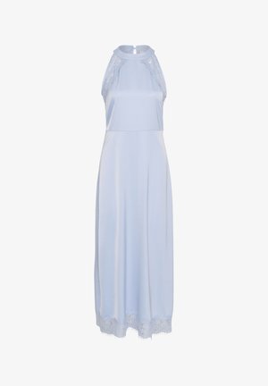 Gaiši zilas krāsas midi kleita bez piedurknēm ar augstu apkakli, mežģīņu apdari uz pleciem un apakšmalas, kā arī atslēgas cauruma pogu aizdari mugurpusē.