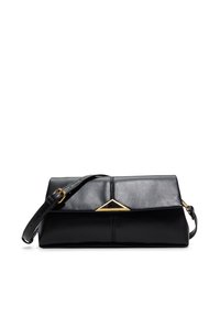 Black leather shoulder bag with a triangular golden accent, smooth texture, rectangular shape, and an adjustable strap.