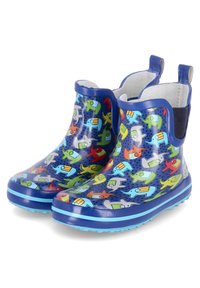 Navy rubber regenlaarzen met een kleurrijk olifantenpatroon. Heeft een instapontwerp, een contrasterende blauwe zool en trekriemen voor gemakkelijk aan- en uittrekken.