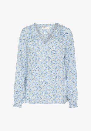 Light blue long-sleeve blouse featuring a V-neck, floral pattern in yellow and blue, and gathered accents at the neckline and cuffs.