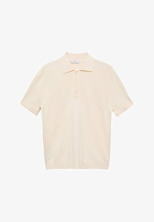 Polo-shirt à manches courtes de couleur crème en tissu doux, avec un col, une patte de boutonnage à trois boutons et un ourlet côtelé.