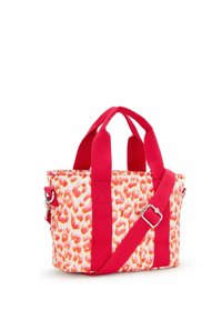 Piccola borsa a tracolla con una base bianca accompagnata da una stampa leopardata rosa e arancione, manici in tessuto rossi e una tracolla rimovibile.