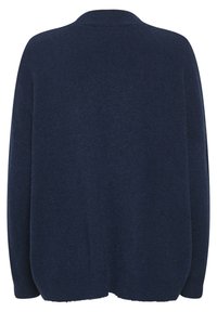 Mörkblå stickad cardigan med en mjuk textur, öppen front och långa ärmar. Har en avslappnad passform och ribbade manschetter.