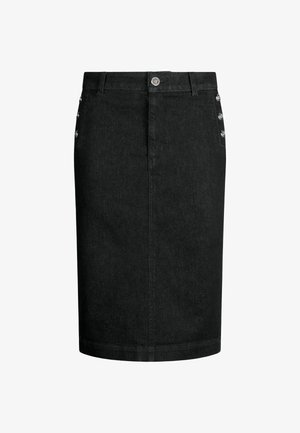 Juodas džinsinis sijonas tiesiu siluetu, su priekiniais mygtukais ir dekoratyviniais mygtukais šonuose, baigtas apvadu apačioje.