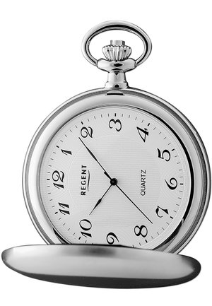 Montre de poche en argent avec un boîtier rond, un cadran texturé blanc, des chiffres arabes noirs et un mouvement à quartz. Dispose d'un couvercle à charnière classique.
