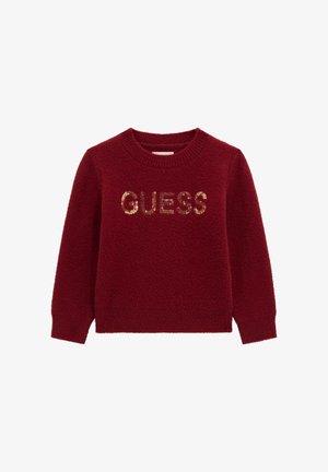 Maglione a maglia bordeaux con maniche lunghe e scollatura rotonda, caratterizzato da lettere di paillettes dorate con la scritta "GUESS" sulla parte anteriore. Texture morbida.