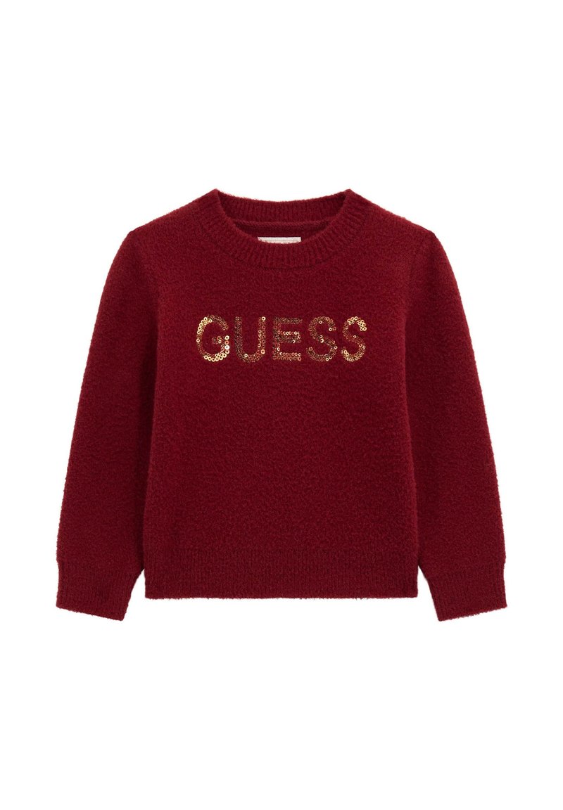 Burgundijas adīta džemperis ar garām piedurknēm un apaļu izgriezumu, ar zeltītām sekvīnu burtiem "GUESS" priekšpusē. Mīksta faktūra.